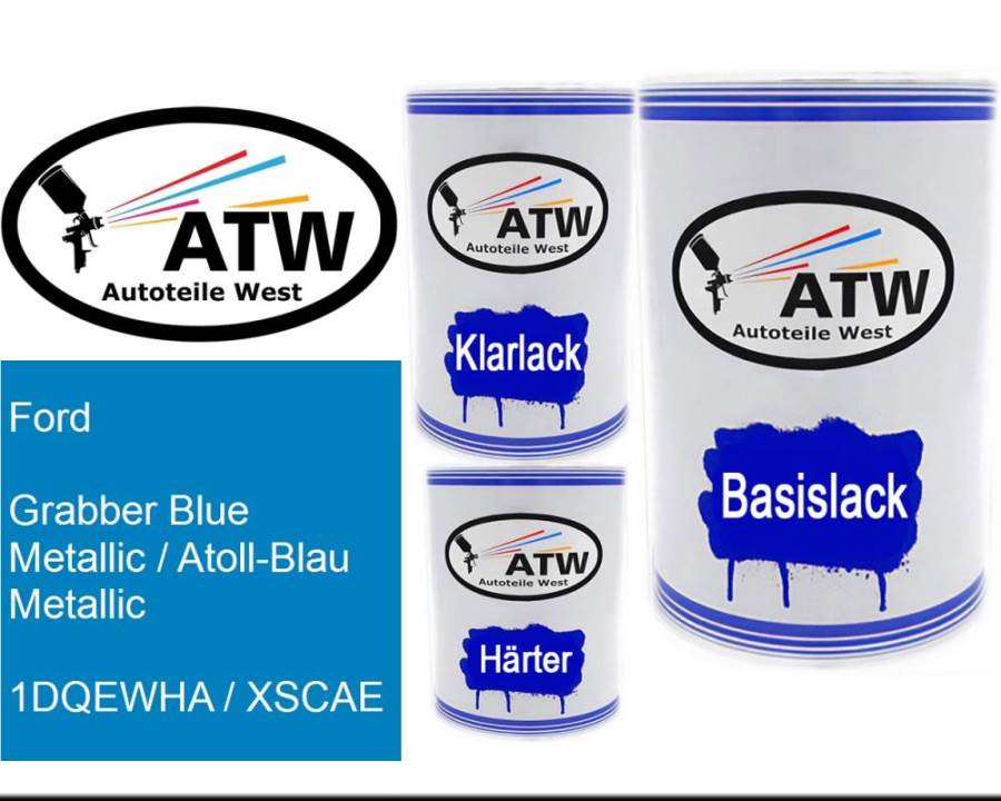 Ford, Grabber Blue Metallic / Atoll-Blau Metallic, 1DQEWHA / XSCAE: 500ml Lackdose + 500ml Klarlack + 250ml Härter - Set, von ATW Autoteile West.